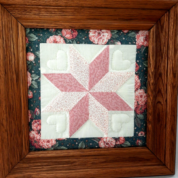 Vintage Floral 8 Point Star Quilt Square Sampler Finished Framed Art Pink Green - Picture 1 of 8